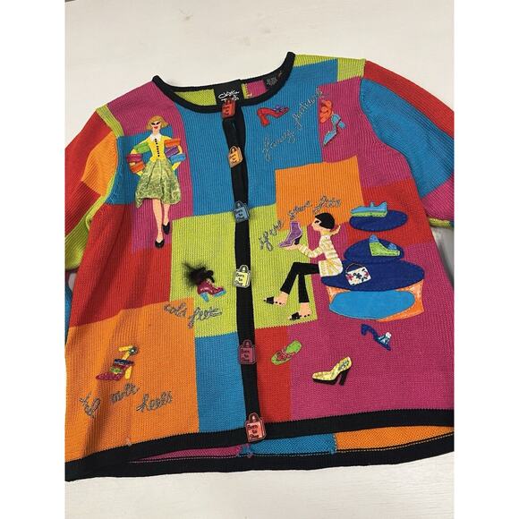 Colorful Cardigan Christina Rotelli Women’s Size Large Vintage “I Love Shopping” - Picture 3 of 15
